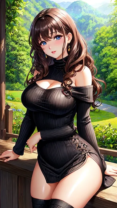 1 female、brown hair、curly hair、blue eyes、thick lips、Black turtleneck knit dress、off shoulder、slim、valley、beautiful breasts、Fresh greenery、Tea plantation、sunlight、masterpiece、ultra high resolution、perfect lighting、16k，cleavage