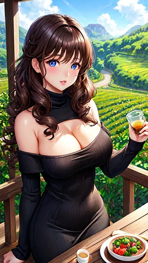 1 female、brown hair、curly hair、blue eyes、thick lips、Black turtleneck knit dress、off shoulder、slim、valley、beautiful breasts、Fresh greenery、Tea plantation、sunlight、masterpiece、ultra high resolution、perfect lighting、16k，cleavage