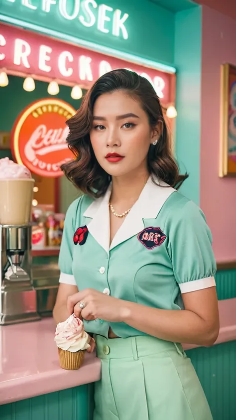 Portrait MagMix Girl look at camera, long hair, Retro ice cream parlor with pastel-colored walls, a classic soda fountain counter, and vintage ice cream posters, face lightning, analog film photo, unusual fashion choices, unusual hairstyles choices, pale s...