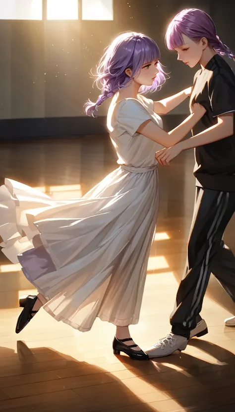 (cute a girl:1.5), (one girl with pale purple hair,wavy two braids,blunt bangs hair,green and black eyes,
A girl in a short-sleeved white T-shirt and tracksuit pants, dancing shoes, taking a dance lesson in a dance studio,:1.4),(masterpiece:1.3), anime vis...