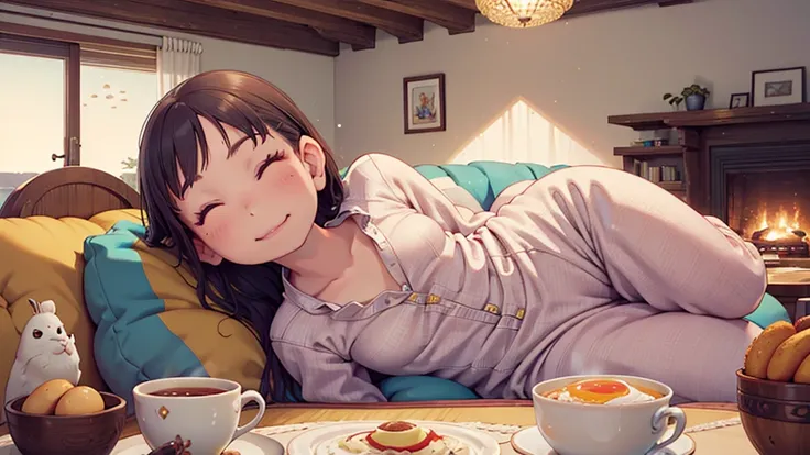 {{{A big smile with eyes closed}}}, 8k, {best quality}, {very aesthetic}, {ultra-detailed}, {best illustration}, Woman in pajamas, An exquisite living room bathed in the morning sun, {breakfast},　Fried eggs on the table,　Eat happily, comical,　Small breasts...