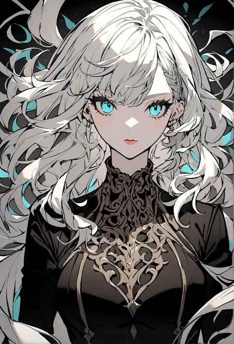 a woman with white hair wearing a tight black jacket , in the style of mashup of styles, light gray and light bronze, edgy, soft-focus technique, dark white and dark cyan, soft edges, eye-catching --ar 36:53 --stylize 750 --v 6