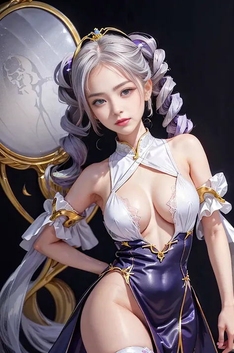 Highest quality　Masterpiece 8K　Super fine　Beautiful Face　1girl Realistic　Two Arms　Five Fingers　Two Legs　((Super Drill Twintails))　Platinum Blonde Hair　Body　Plump　18-year-old　Shiny skin　Slit eyes　Thick makeup in Chinese style　Narrow eyes　Long eyelashes　Cao ...