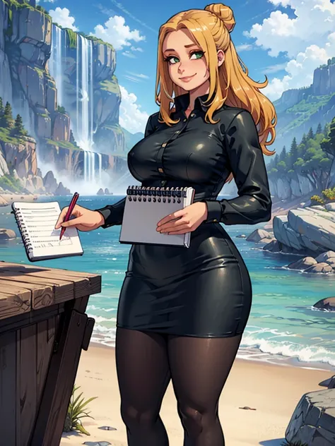 ((art by Kipteitei)), ((Masterpiece, best quality, perfect lighting, amazing shading)), (perfect anatomy, realistic proportions), field of depth, extremely beautiful, 1girl, (blond hair), long hair, hair bun, green eyes, pencil skirt, dress shirt, black ti...