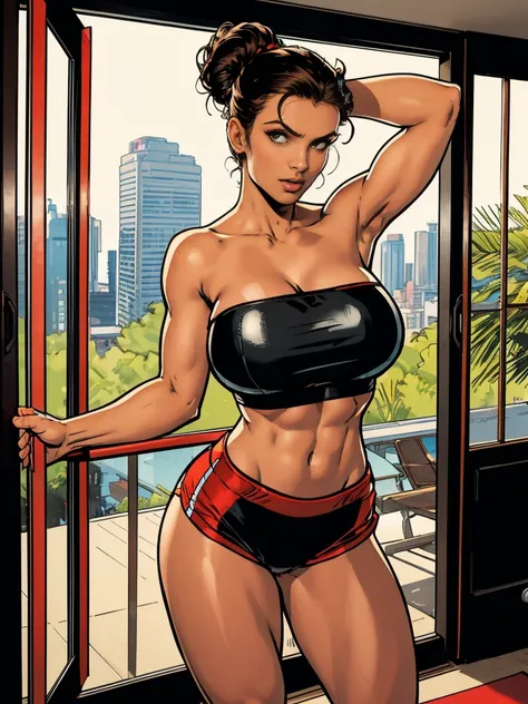 Extremely busty thin and toned brunette, gym girl, fair skin, loose updo, soft face, athletic, strapless bright red tube top, tiny black spandex shorts.  standing by a sliding glass door, gym, windows, stretching.  Gigantic .