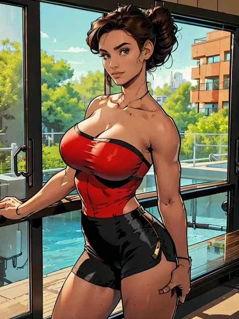 Extremely busty thin and toned brunette, gym girl, fair skin, loose updo, soft face, athletic, strapless bright red tube top, tiny black spandex shorts.  standing by a sliding glass door, gym, windows, stretching.  Gigantic .