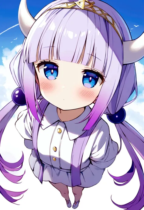  {kanna_kamui_kobayashisanchinomaidragon:1.15}, long_hair, light_purple_hair, blue_eyes, hair_ornament, bangs, blush, multicolored_hair, twintails, blunt_bangs, hair_beads, beads, hairband, gradient_hair, low_twintails, horns, dragon_horns, purple_hair,chi...