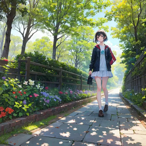 high resolution、university student、garden、stroll