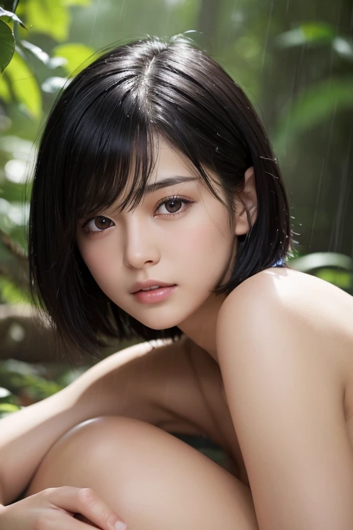 A naked girl lying in the forest of rain、(High resolution:1.3), (16k, Photorealistic, Japanese, (One Girl), Beautiful Face, (A vivid face), (Black-haired、short hair:1.3), Beautiful Hairstyles, Realistic eyes, Beautifully detailed eyes, (Realistic Skin), Be...