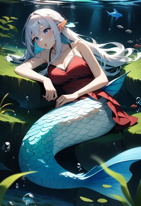 1girl, thick lips, bored, tail fin, mermaid fin, white scales, medium breasts, long hair, girly_hair, white hair, blue eyes, red top, underwater river, algae, masterpiece quality, ultra HD, 4K, best quality, 