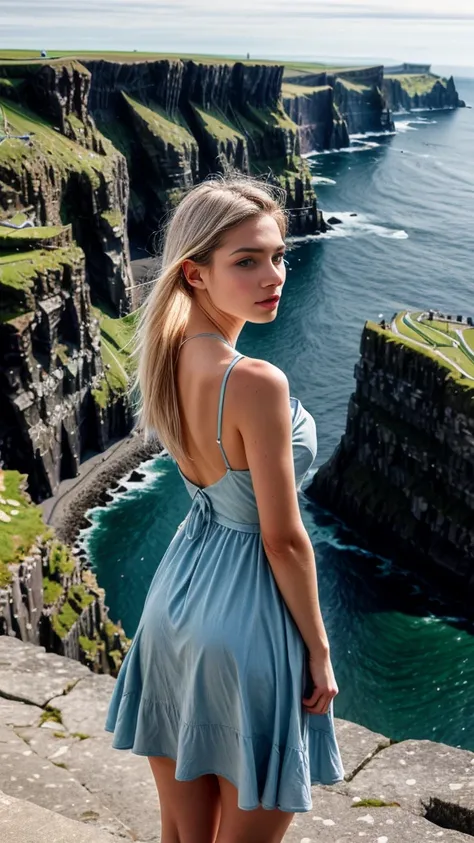 A beautiful europian girl, from behind, wearing crepe de Chine dress, sky blue dress, standing on the edge of the Moher Cliffs. She is 24 years old, has white hair and grey eyes. Her cloth is stylish and her overall appearance is stunning. The girls face i...