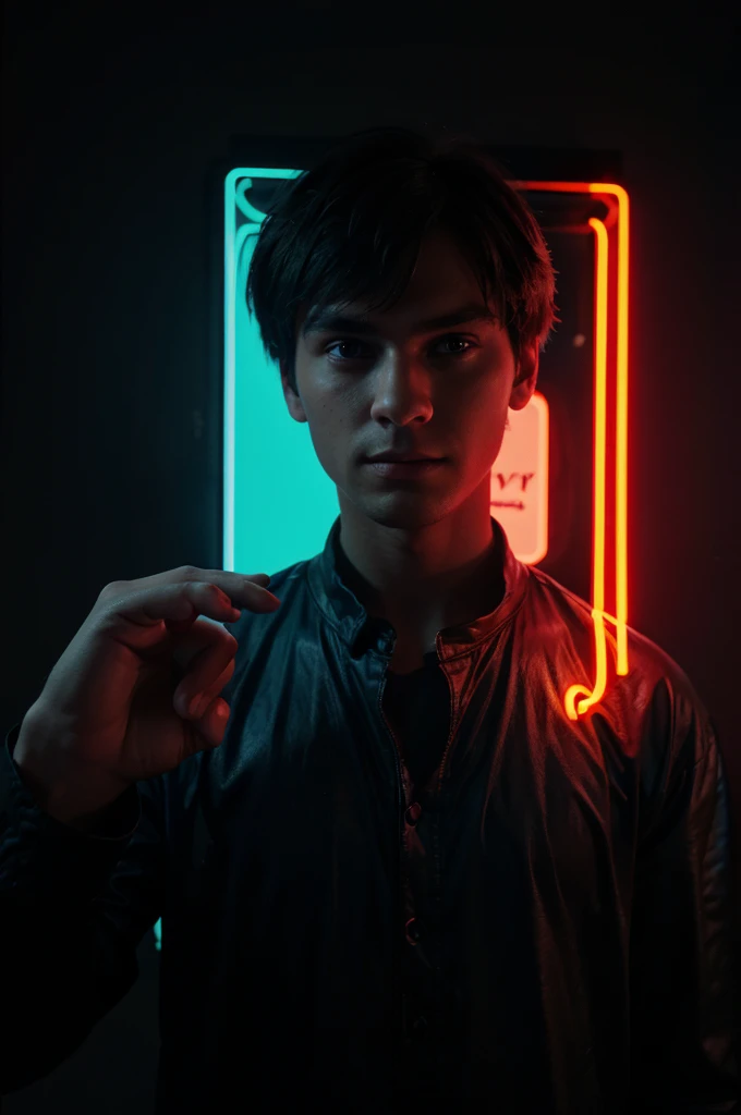 screen size 1546 px × 423 px, standing human, male, dark background, no light, holding a neon light, in the left and right hands, the color of the neon light, the left hand is red, the right hand is blue.