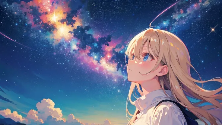 mystical and starry sky with a girl in the background looking up