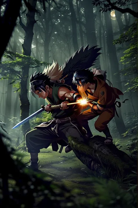 an intense anime fight scene set in a mystical forest clearing, featuring the iconic characters naruto and inuyasha. the battle ...