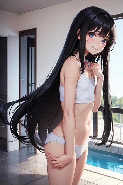 cute girl, pretty face, bitter smile, 12 years old, Beautiful black long hair, beautiful eyes, flat chest, small build, short torso, Small buttocks, No muscles, white skin, White tank top, black panties, indoor heated swimming pool