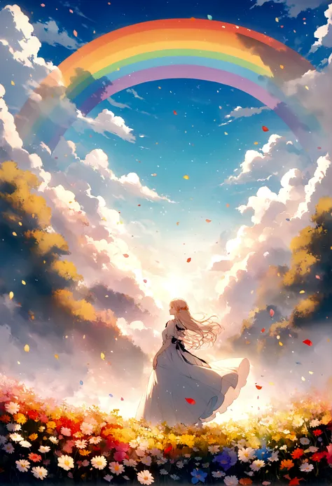 ファイナルファンタジーthe world of, An empty rainbow-colored flower field, Each petal is rainbow colored, Very beautiful scenery, 光the world of, heaven, god々the world of, The most beautiful images, Highest quality, 8k.People are not needed