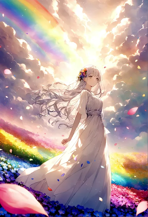 ファイナルファンタジーthe world of, An empty rainbow-colored flower field, Each petal is rainbow colored, Very beautiful scenery, 光the world of, heaven, god々the world of, The most beautiful images, Highest quality, 8k.People are not needed