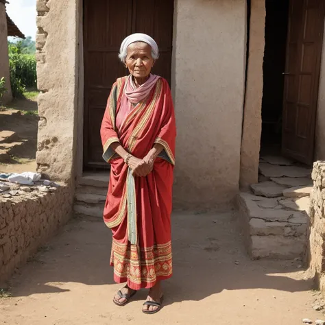 A 80 years old lady live in a poor village wearing old cloth, full body