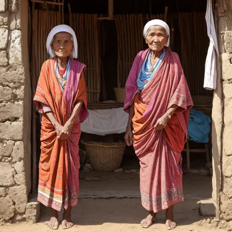 A 80 years old lady live in a poor village wearing old cloth, full body