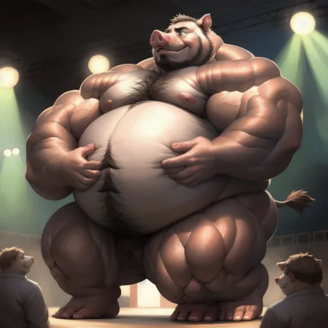 ((Masterpiece)),((Hight quality)),((Hught Detailed)),((Realistic,)) Anime Artistic masterpiece art, Morbid Obese Piglet kid while Anatomy of character, Hyper obese Furry character, Long shot photo, Real life (Massive, hairy) Obese citizen (massive obese, h...