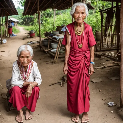 A 80 years old lady live in a thailand poor village wearing old cloth, full body