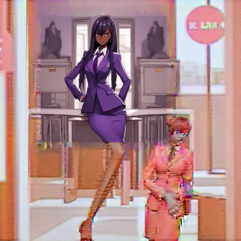 Black anime business woman in a purple skirt suit 