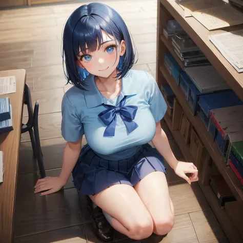 1. High school girl　17-year-old female　Bobcut　dark blue hair color　High School Uniform　Light blue Y-shirt　Short sleeve　Blue Ribbon　dark blue hair color　Slim figure　Large Breasts　Full body portrait　学校のlibrary　Smiling Kindly　Cheerful expression　library　Hand ...