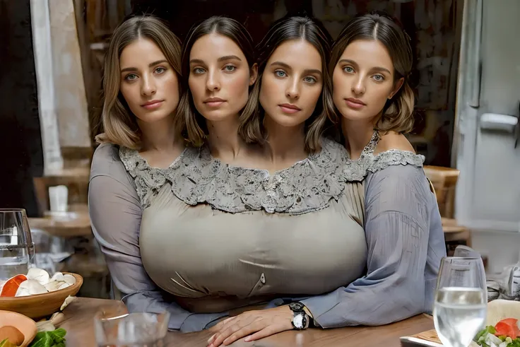 (((3heads))), three headed mom, age 40, irish, straight brown-blonde hair, curvy, big butt, very thicc, loving, pretty, crop top, wearing a watch, sitting to eat dinner, very feminine and detailed face, detailed, chubby arms, (extra arms: 1.0), hands on ch...