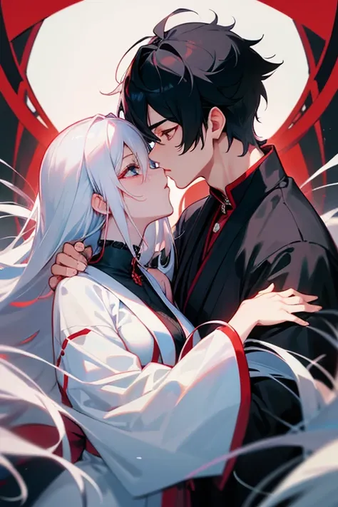 Male and female、kiss、Facing each other、貪るようなkisen have white hair、Red eyes、Cold-blooded man、Handsome and well-built。woman has black hair、blue eyes、cute、Transparency。Physical Difference、Love love、