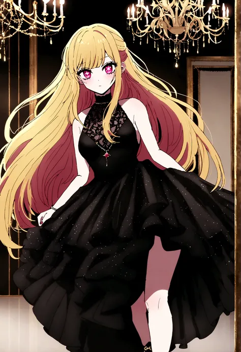 Wearing a black dress by Chanel, hoshinoruby, star-shaped pupils, ruby_hoshino, blonde hair, bangs, 1girl, pink eyes, long hair, Floor with luxurious chandeliers,