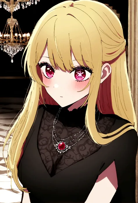 Wearing a black dress by Chanel, hoshinoruby, star-shaped pupils, ruby_hoshino, blonde hair, bangs, 1girl, pink eyes, long hair, Floor with luxurious chandeliers,