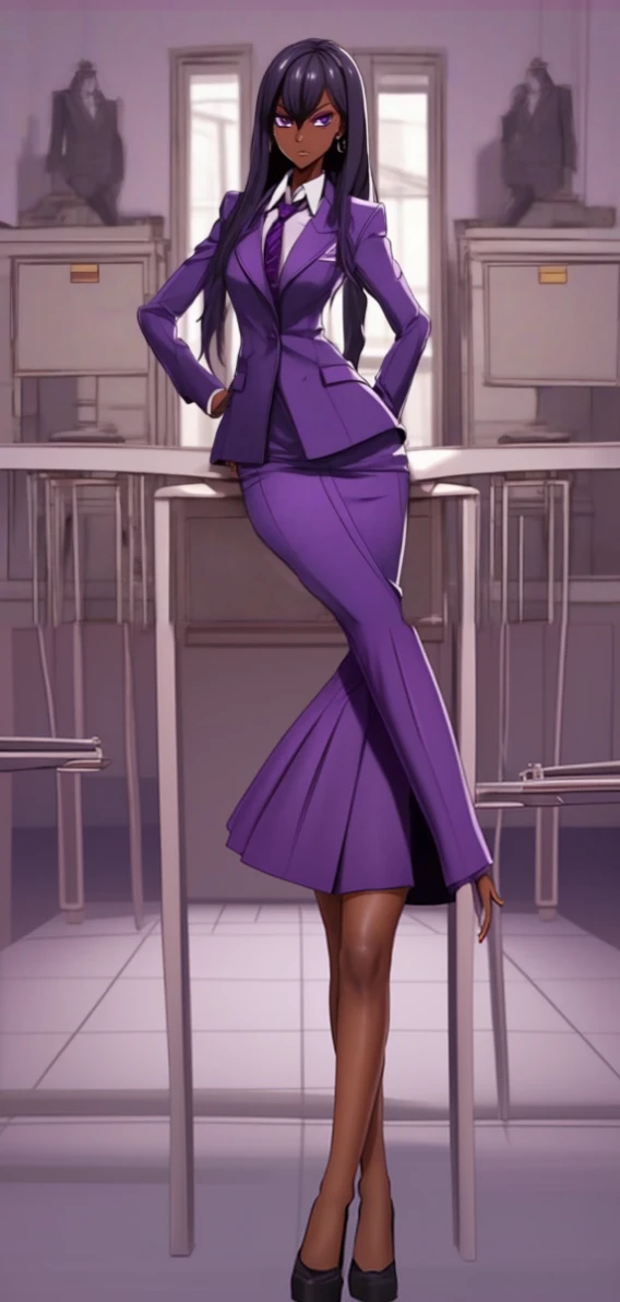 Black anime business woman in a purple skirt suit 