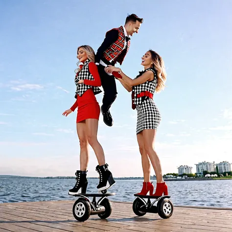 LOW ANGLE SHOT, CAPTURE FROM GROUND. a man wearing plaid blazzer vest and woman  in red bodycon dress, romanticaly hugging  on spinning around flyboards