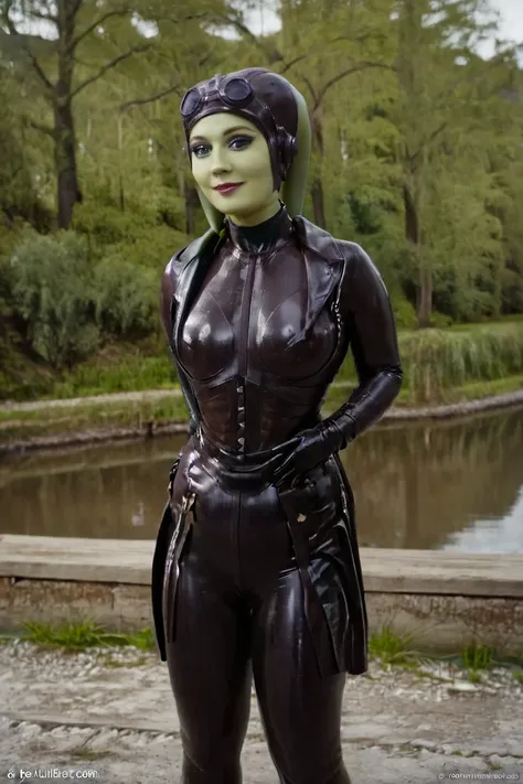 black latex , cinematic film still hera syndulla, (green skin:1.2), grin at canal, full body shot, highly detailed environment ....