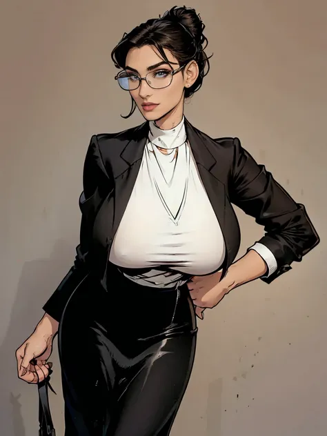 Gorgeous and sultry busty athletic (thin) brunette with sharp facial features and a (large nose) and (huge boobs) wearing a black blazer, white blouse and black pencil skirt, glasses, updo