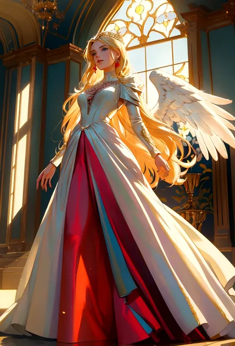 arafed, a picture of a female angel in high society prom event, divine beautiful female angel, blond hair, long hair, flowing ha...