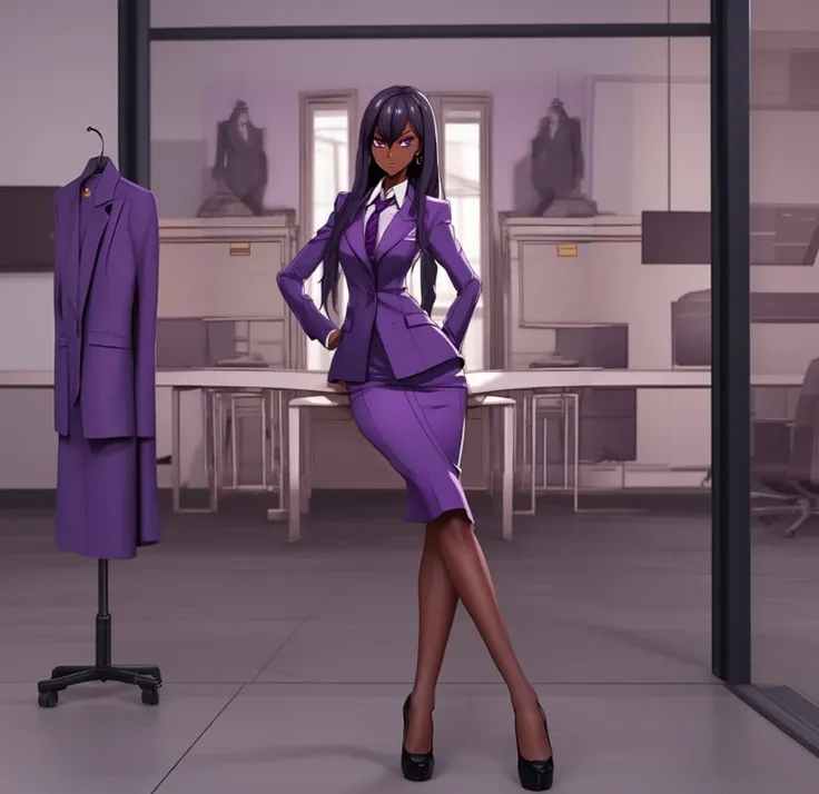 Black anime business woman in a purple skirt suit 