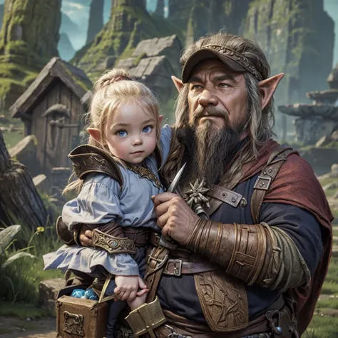 High fantasy, dwarf on right holding goblin on left, mythic background