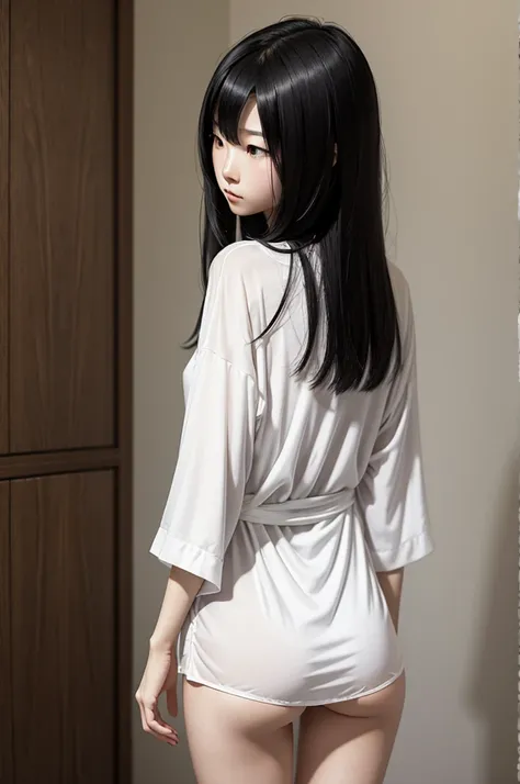 A Japanese woman with long jet black hair that completely covers her face, obscuring it entirely. She has a slender, tween-ish body with a flat chest, small butt, and a pronounced thigh gap. Her skin is pale, contributing to her eerie and aloof appearance....