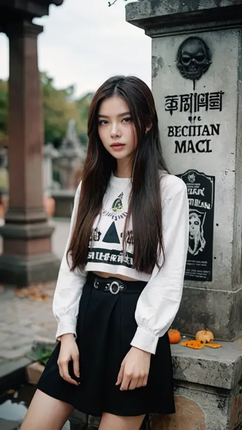 Portrait MagMix Girl look at camera, long hair, grunge y2k with Grave walls, a classic halloween fountain counter, and vintage gringe posters, face lightning, analog film photo, unusual fashion choices, unusual hairstyles choices, pale skin, Korean girl, b...