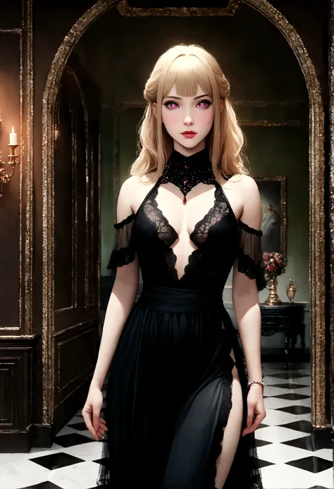 Wearing a black long dress by Chanel, hoshinoruby, star-shaped pupils, ruby_hoshino, blonde hair, bangs, 1girl, pink eyes, long hair, Floor with luxurious chandeliers, (realistic, masterpiece, high quality, 8K, high resolution:1.3), extremely detailed CG, ...