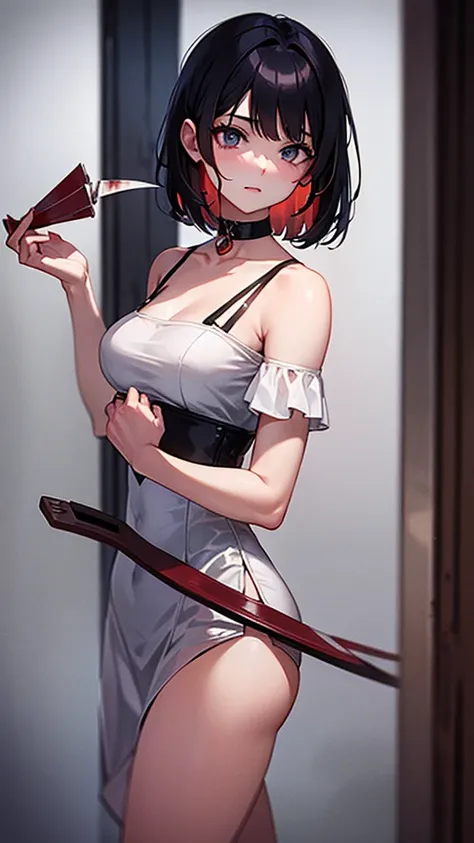 Short shoulder length hair girl, beautiful, holding knife, blood