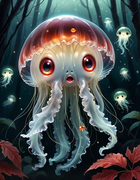 A hyper-realistic digital artwork of an adorable cute ghost jellyfish looking directly at the viewer with big and red, expressive eyes. The ghost is slightly translucent and shimmering with tiny fireflies under a dimly lit night sky. Leaves gently fall aro...