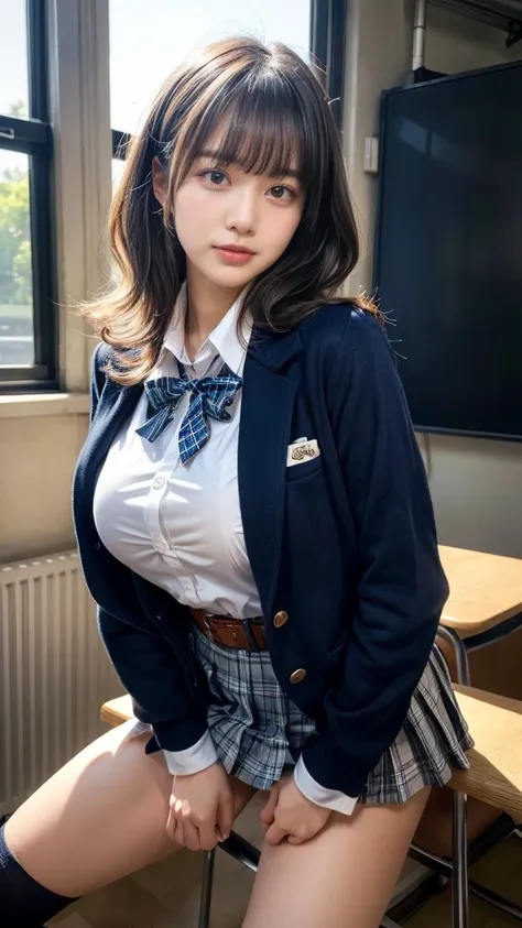 masterpiece, best quality, illustration, Super detailed, fine details, High resolution, 8K,wall paper, perfect dynamic composition,(Details High quality, realistic depiction of eyes:1.3), from side, High School Classroom、High school girl uniform、blazer 、Su...