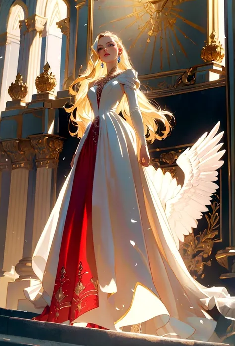 arafed, a picture of a female angel in high society prom event, divine beautiful female angel, blond hair, long hair, flowing ha...