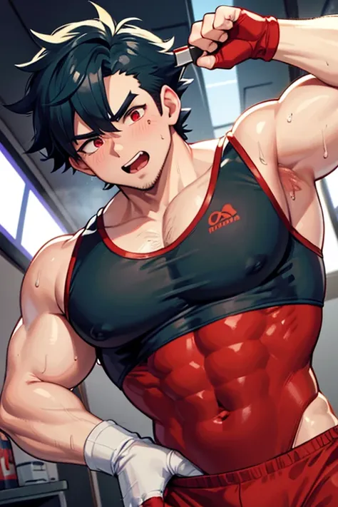 Ash Ketchum from Pokémon flexing his biceps in a barber chair as he is given a flat top buzz haircut by the barber to fall deeper into trance as a big dumb football jock. Glowing red eyes. Muscle growth. Sweat. big biceps. Big triceps. Big traps. Broad sho...