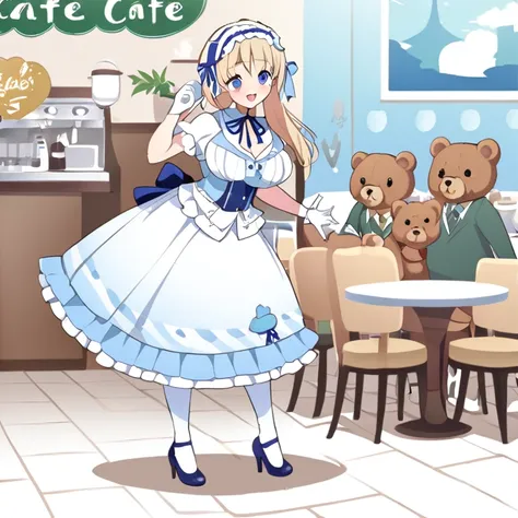 An illustration featuring a Lolita girl in an anime style is depicted with pastel blue and white attire. The character is characterized by long beige ponytails, a ruffled headband adorned with a blue ribbon, and white striped blue stockings paired with hee...