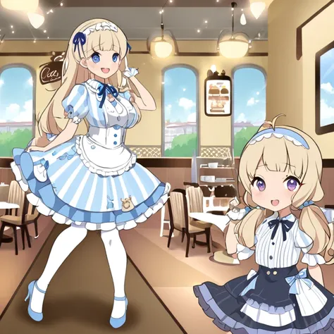 An illustration featuring a Lolita girl in an anime style is depicted with pastel blue and white attire. The character is characterized by long beige ponytails, a ruffled headband adorned with a blue ribbon, and white striped blue stockings paired with hee...