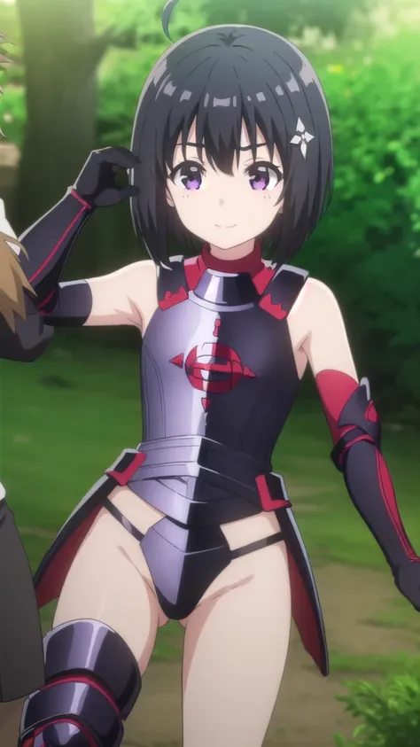 NSFW,(((1girl,1boy,fellatio))),bofuriMaple, Maple, short hair, bangs, Black Hair, hair ornaments, (Purple eyes:1.1), Ahoge, Bobcut, smile,
break thighhighs, gloves, Bare shoulders, boots, black gloves, elbow gloves, armor, Red knee socks, black armor,white...