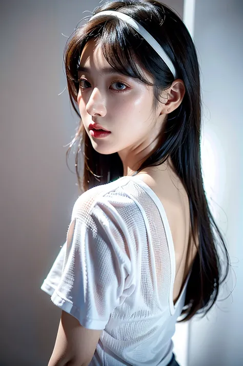 (Best quality,4K,8K,High-resolution,Masterpiece:1.2), Ultra-detailed,(Realistic,Photorealistic,Photo-realistic:1.4) Korean girl ,K-pop idol, Black long hear, Bijou headband, White T-shirts, beautiful spectral light, white back ground, arched back